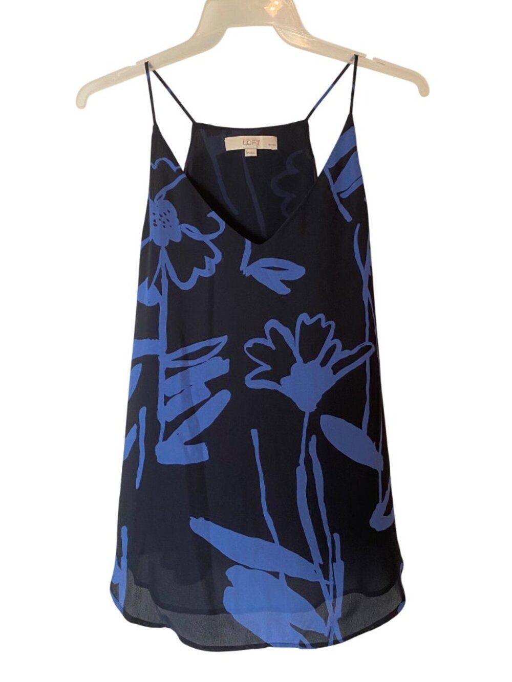 Ann Taylor Loft Floral Black & Blue Sleeveless V-Neck Top Large Petite Mini Dres
